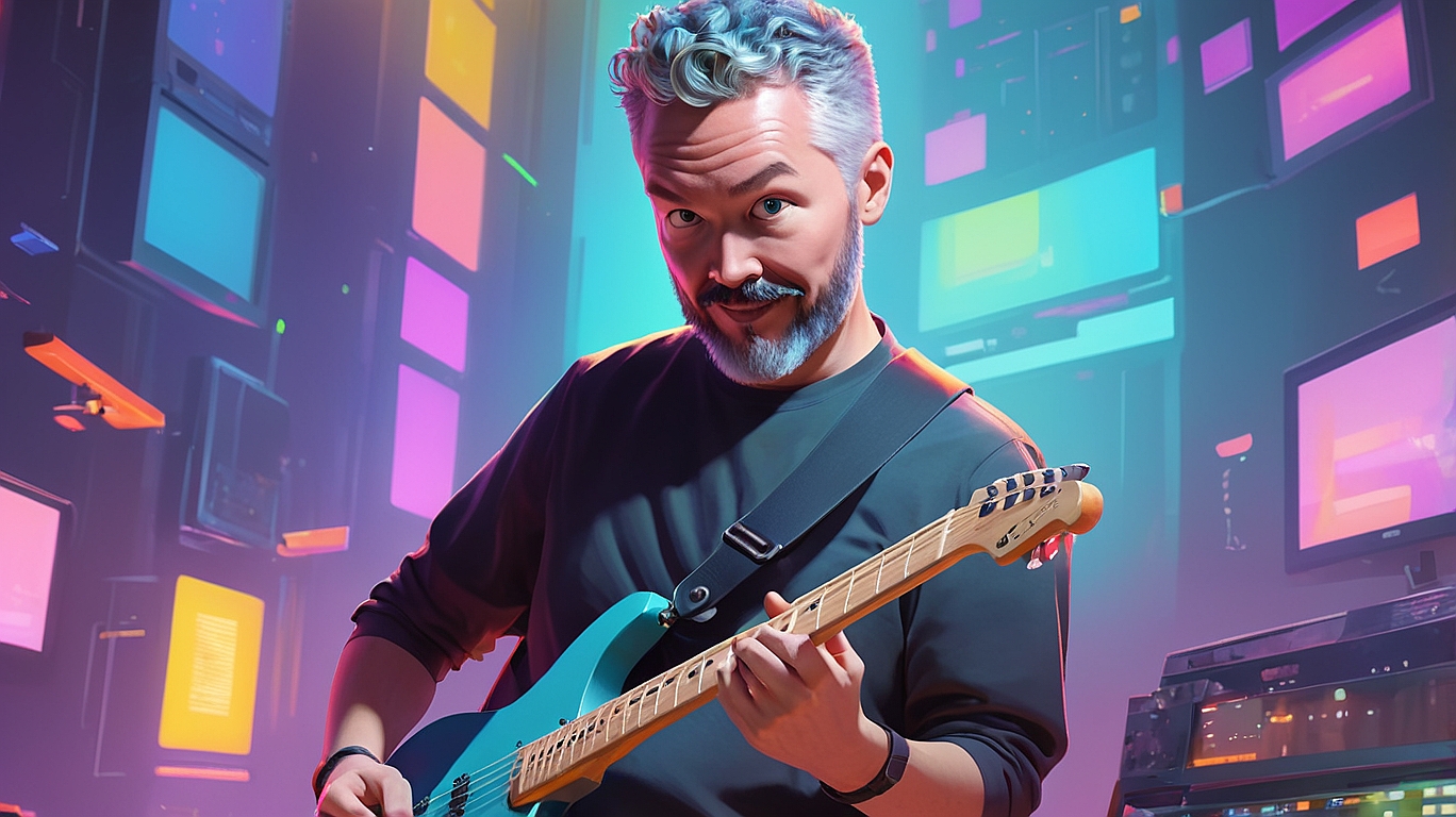 Stylized Darty Creations artwork of a guitarist playing on a colorful neon stage