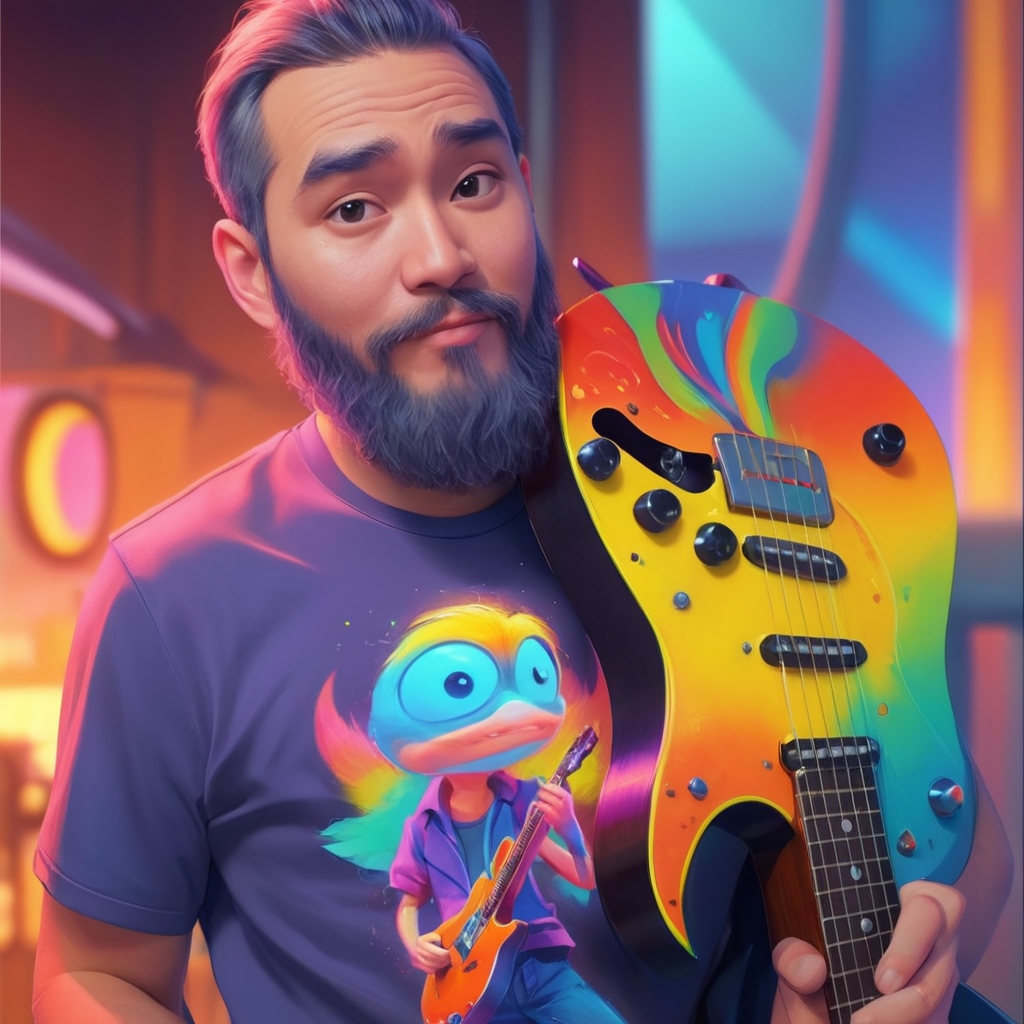 Kevin Darty holding a rainbow guitar and wearing a Darty Creations character-guitarist tee